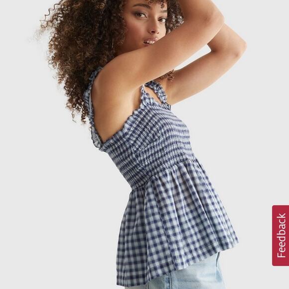 Lucky Brand Top NWT Square Neck Smock Tank Ruffled Straps Blue Gingham Womens L - Picture 3 of 6